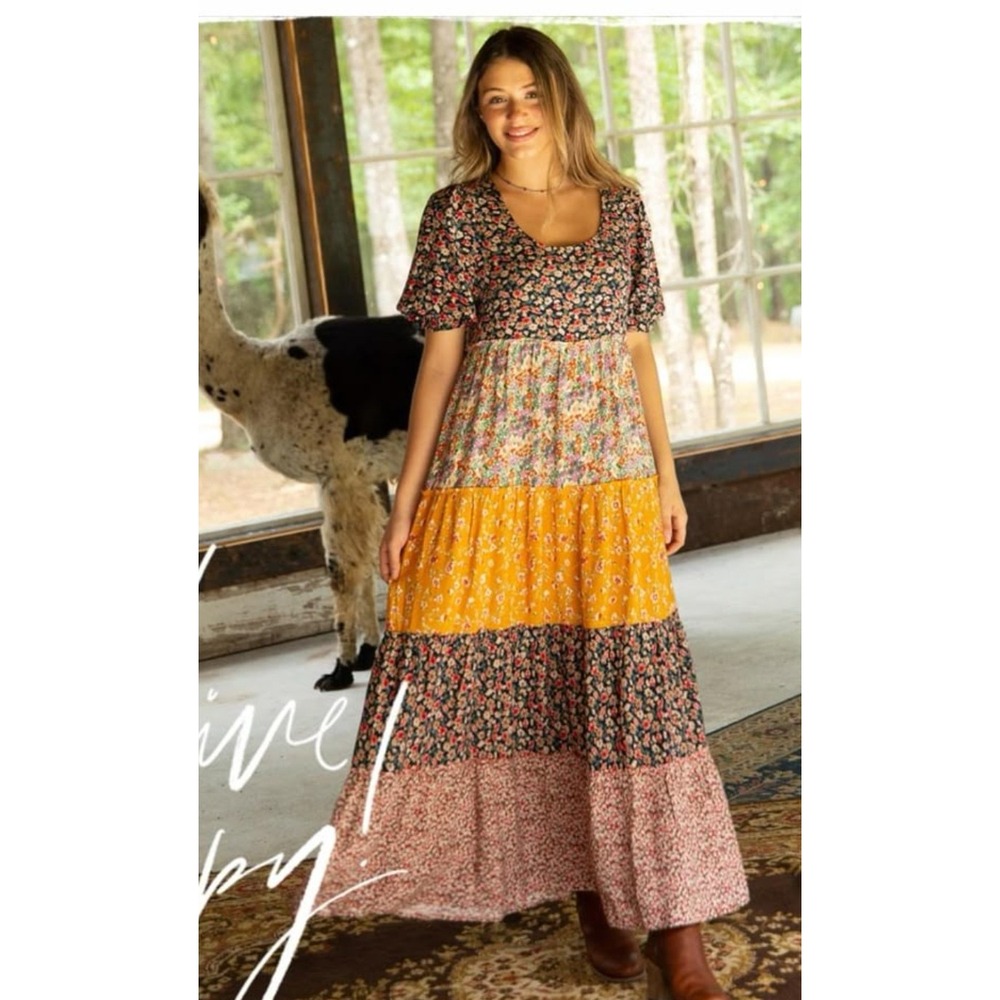 Natural Life Floral Tiered‎ Maxi Dress Cottagecore Bohemian Boho Casual Women